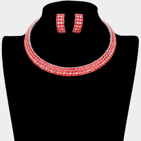 Red Crystal Rhinestone Choker Necklace Cuff 3 Row Statement Jewelry Set - Picture 1 of 2